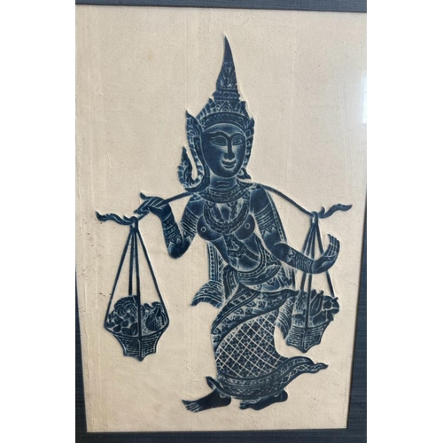 674 - Three framed Thai stone rubbings on rice paper