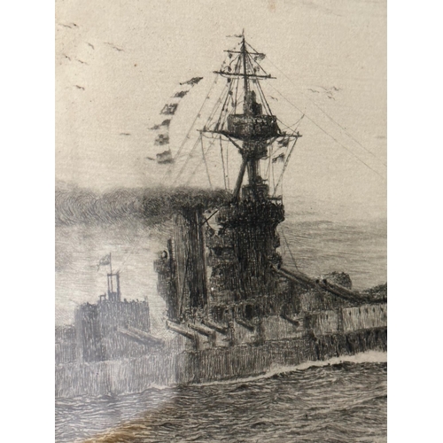 679 - William Lionel Wyllie (1851 – 1931) Etching of a convoy of ship with airplane in background. Image s... 