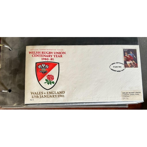 694 - A stamp collection to include three albums of First Day Covers to include many Welsh Rugby, along wi... 