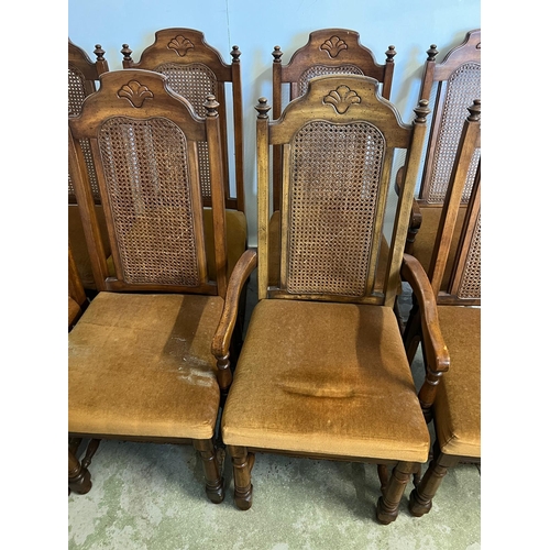 70 - Six chairs and two carvers with cane back and velvet seat pads