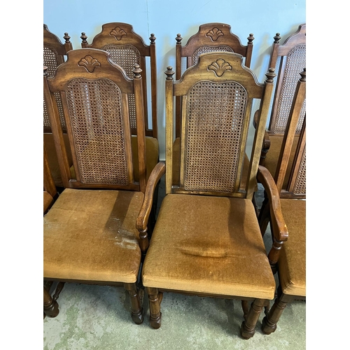 70 - Six chairs and two carvers with cane back and velvet seat pads