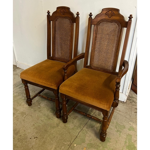 70 - Six chairs and two carvers with cane back and velvet seat pads