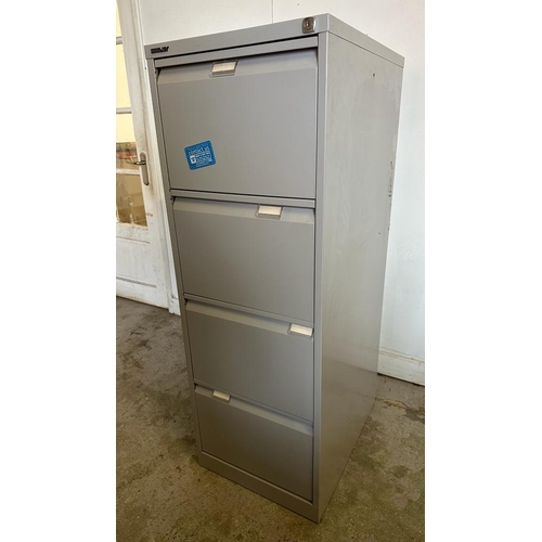 90 - A grey Bisley four drawer office filing cabinet (H134cm W61cm D47cm)