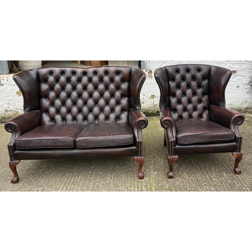 1 - Two seater button back salon sofa and matching chair (H94cm W134cm D67cm)