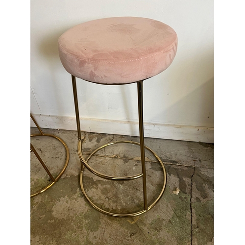 138 - Two velvet top stools on brass style base (H74cm Dia34cm)