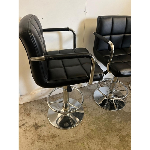 182 - Three bar stools with leatherette exterior adjustable swivel gas lift on chrome base