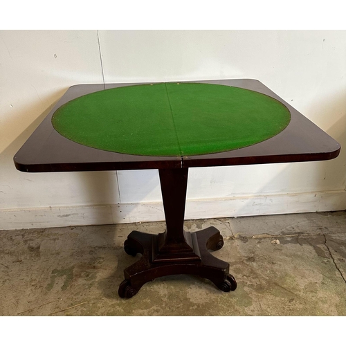 218 - A mahogany folding card table with a green baize top on castors (H58cm W76cm D38cm)