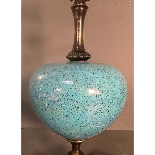 237 - A table lamp with blue ceramic florally painted bowl on a brass floral base