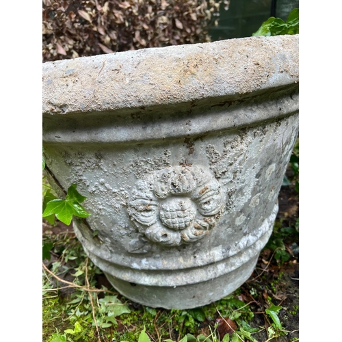 295 - A pair of composite stone  planters with rose crowns to sides (H43cm Dia56cm)