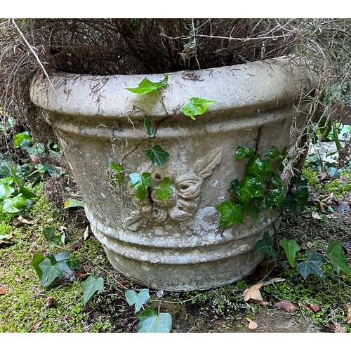 295 - A pair of composite stone  planters with rose crowns to sides (H43cm Dia56cm)