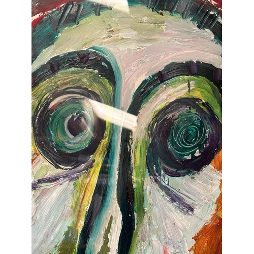 360 - An abstract oil on paper of a haunted man in reds and greens signed lower left 68cm x 84cm