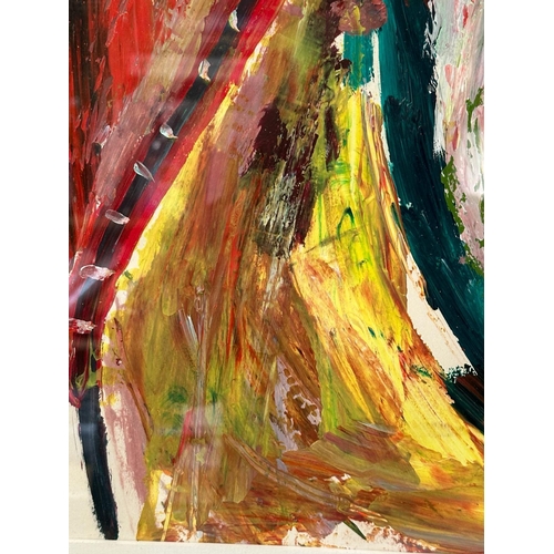 360 - An abstract oil on paper of a haunted man in reds and greens signed lower left 68cm x 84cm