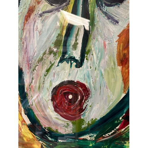 360 - An abstract oil on paper of a haunted man in reds and greens signed lower left 68cm x 84cm