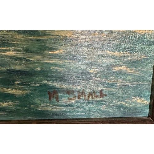 364 - An oil on board of a sailing ship on a turquoise sea with costal back ground, signed M Small lower r... 