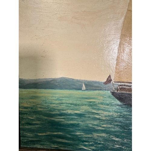 364 - An oil on board of a sailing ship on a turquoise sea with costal back ground, signed M Small lower r... 