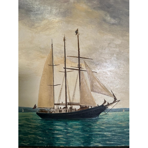 364 - An oil on board of a sailing ship on a turquoise sea with costal back ground, signed M Small lower r... 