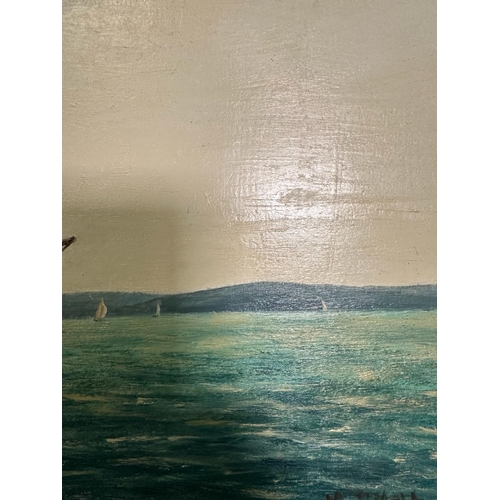 364 - An oil on board of a sailing ship on a turquoise sea with costal back ground, signed M Small lower r... 