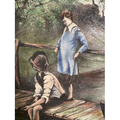 367 - An oil on canvas of a river scene with two children fishing from a bridge signed John Birch lower ri... 