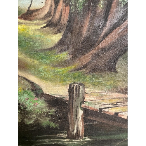 367 - An oil on canvas of a river scene with two children fishing from a bridge signed John Birch lower ri... 