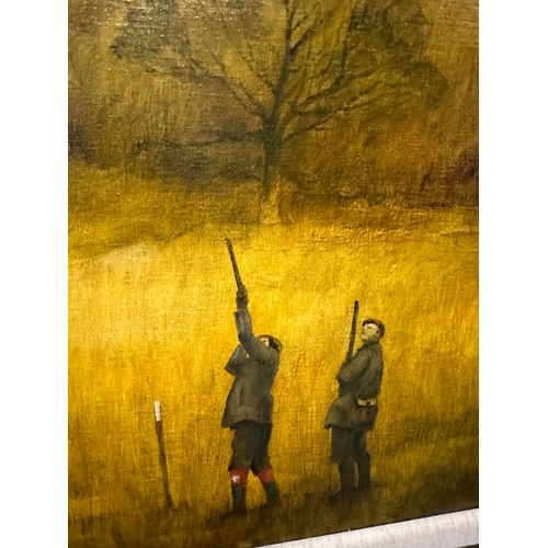 369 - An oil on canvas of a rural shooting scene by Ken Hildrew signed lower left 99cm x 69cm