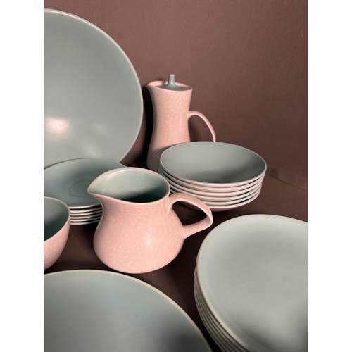 397 - A part pool pottery breakfast set in browns and green and white to include cups, saucers, egg cups a... 