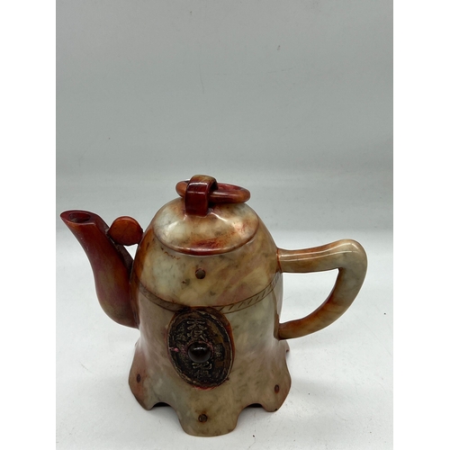 413 - A jade teapot with ring pull handles to lid (H18cm)