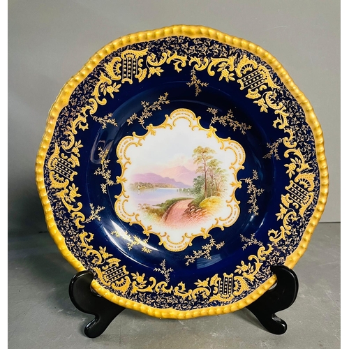 434 - A selection of five early 20th century Coalport hand painted plates with blue grounds, under an acid... 