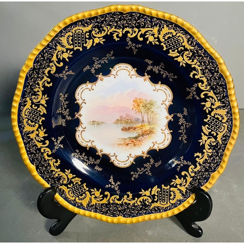 434 - A selection of five early 20th century Coalport hand painted plates with blue grounds, under an acid... 