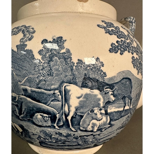 436 - A large blue and white ceramic tea pot decorated in a pastoral farm yard scene by Adams