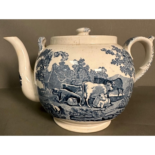 436 - A large blue and white ceramic tea pot decorated in a pastoral farm yard scene by Adams