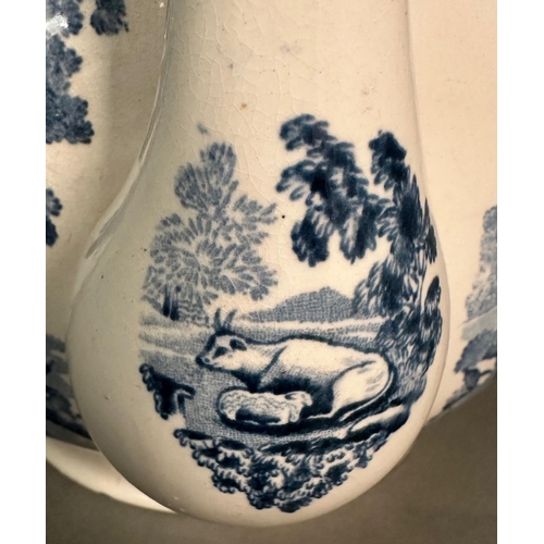 436 - A large blue and white ceramic tea pot decorated in a pastoral farm yard scene by Adams