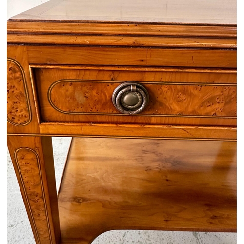 44 - A pair of side table with drawer and  string and burr walnut inlay, shelf under and brass handles (H... 