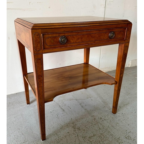 44 - A pair of side table with drawer and  string and burr walnut inlay, shelf under and brass handles (H... 