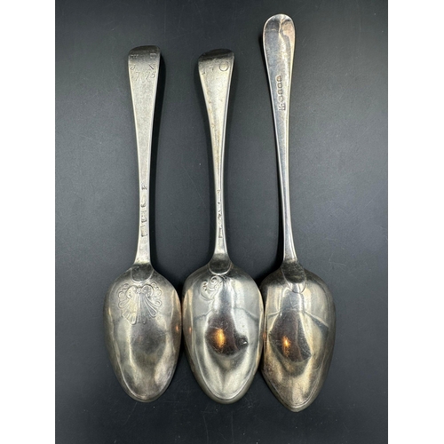 471 - Three silver spoons,two late 18th Century and the other hallmarked for London 1807