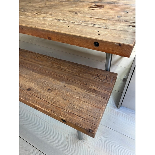 52 - A solid oak reclaimed table with plank top  and bench seats on chrome legs (H81cm W180cm D118cm) (Be... 