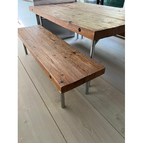 52 - A solid oak reclaimed table with plank top  and bench seats on chrome legs (H81cm W180cm D118cm) (Be... 