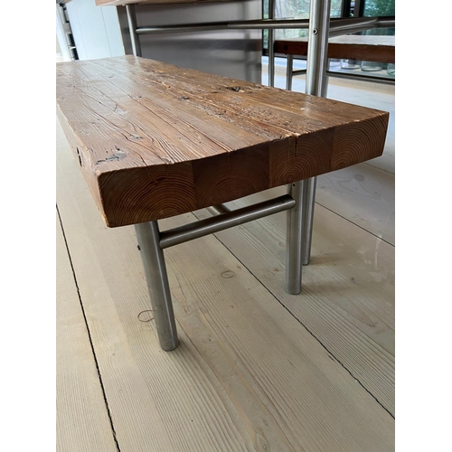 52 - A solid oak reclaimed table with plank top  and bench seats on chrome legs (H81cm W180cm D118cm) (Be... 