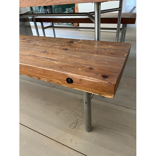 52 - A solid oak reclaimed table with plank top  and bench seats on chrome legs (H81cm W180cm D118cm) (Be... 