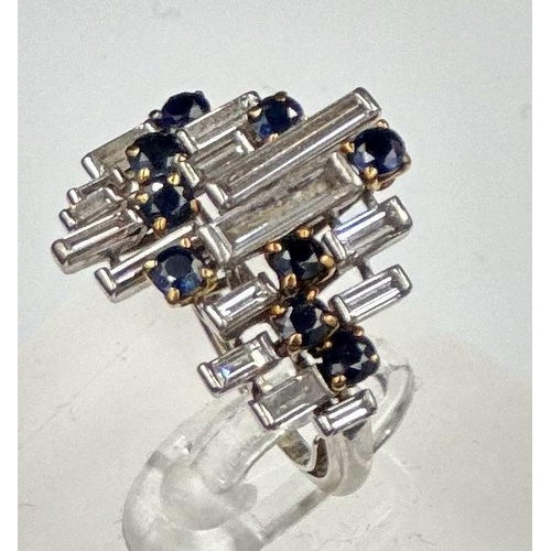 578 - A vintage sapphire baguette cut diamond cocktail ring, diamond 1.2ct and sapphire 0.25ct, untested w... 