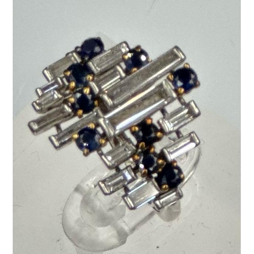 578 - A vintage sapphire baguette cut diamond cocktail ring, diamond 1.2ct and sapphire 0.25ct, untested w... 