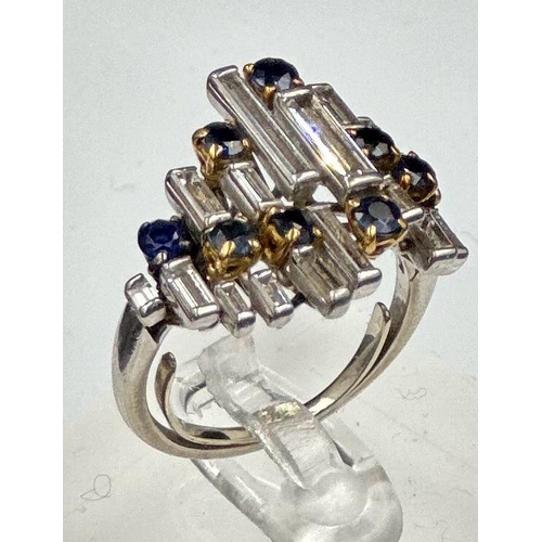 578 - A vintage sapphire baguette cut diamond cocktail ring, diamond 1.2ct and sapphire 0.25ct, untested w... 