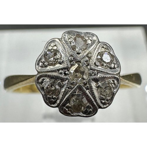 593 - An 18ct yellow gold and platinum vintage diamond ring, size M