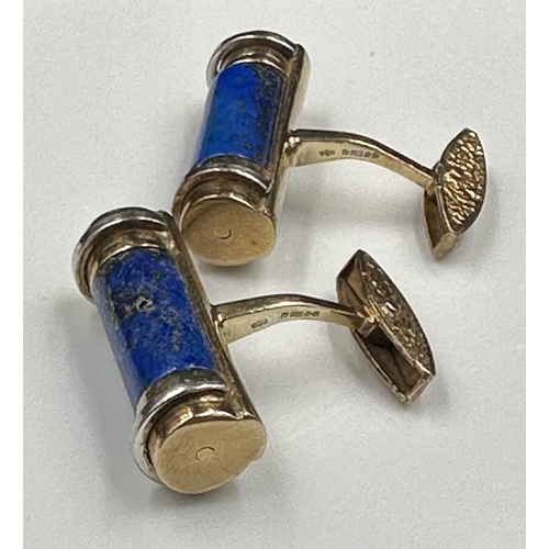 633 - A pair of cylindrical form lapis lazuli gents cuff links on 9ct gold 32mm in width and an approximat... 