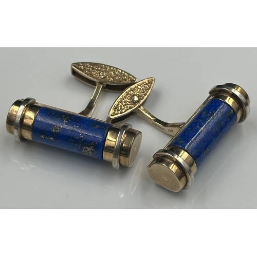 633 - A pair of cylindrical form lapis lazuli gents cuff links on 9ct gold 32mm in width and an approximat... 