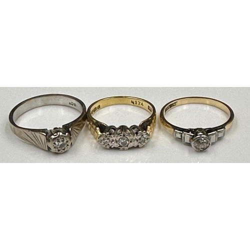 664 - A selection of three 18ct gold rings, various styles and settings, approximate combined total weight... 