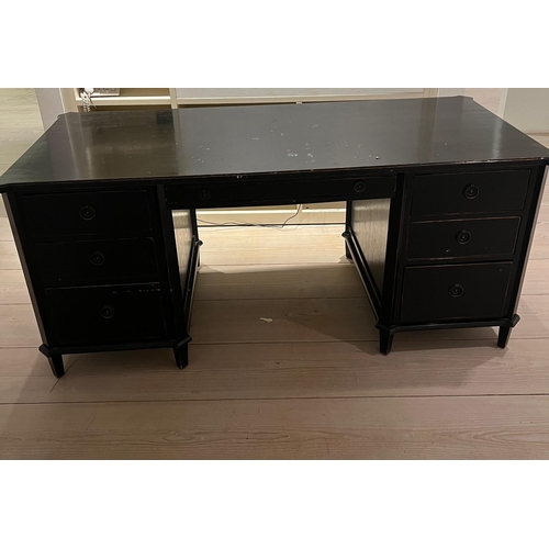 72 - A French ebony style desk with  ring pull handles and matching chair  (H78cm W177cm D81cm)