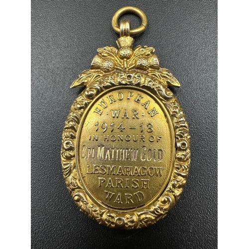 743 - A 9ct gold European War 1914-18 medallion, cast to honour Cpl Matthew Gold of Lesmahagow Parish Ward... 