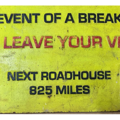 746 - A cast iron yellow pointed Australian outback road sign 57cm x 38cm