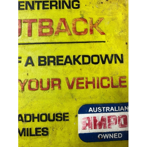 746 - A cast iron yellow pointed Australian outback road sign 57cm x 38cm