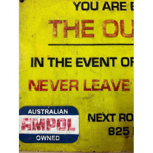 746 - A cast iron yellow pointed Australian outback road sign 57cm x 38cm